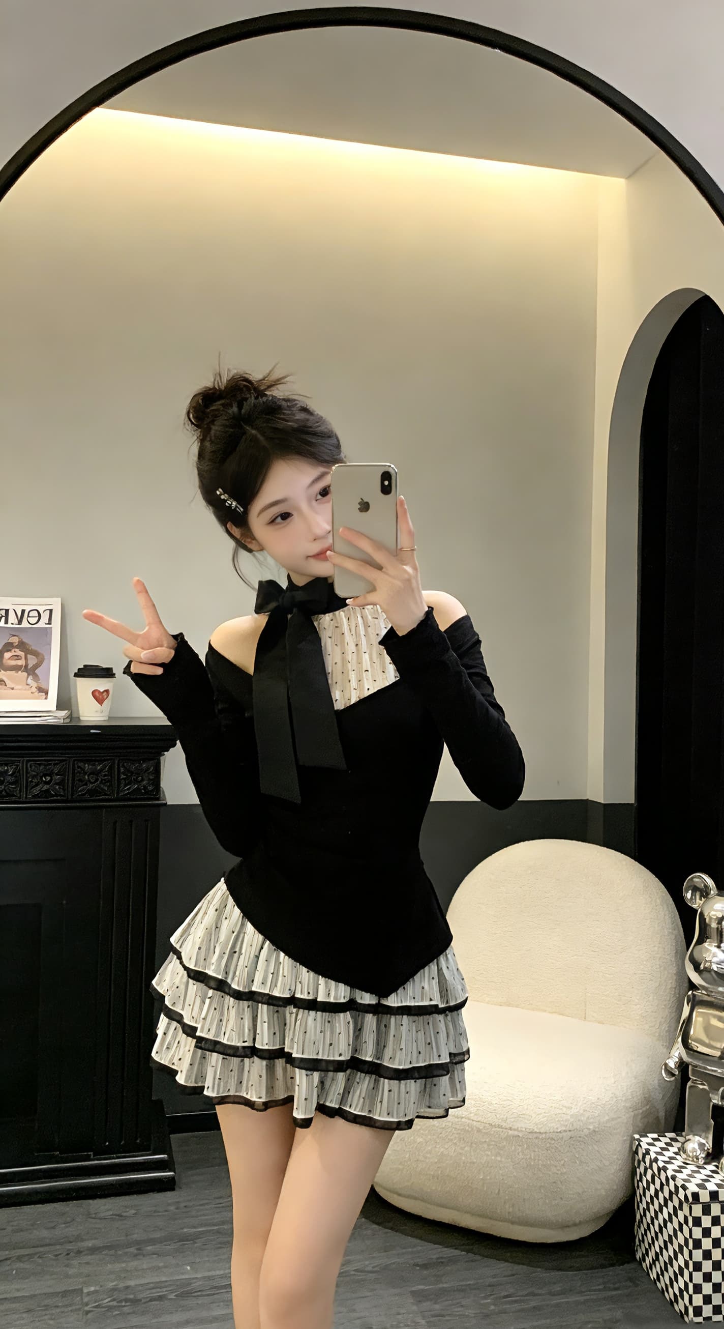 세트 여성 2026 봄과 가을 순수한 욕망 핫걸 디자인 센스 패치워크 긴팔 맨위 하이웨이스트 슬림해 보이는 케이크 반신 스커트