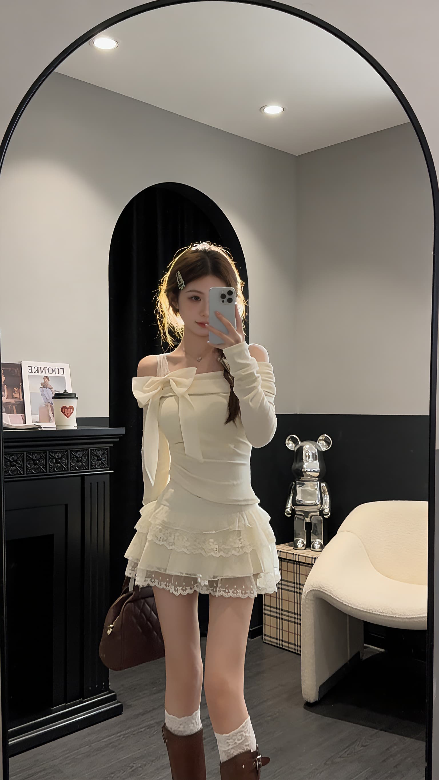 오프숄더 나비 넥타이 니트 기본 셔츠 여성 봄 가을 인사이드 가져 가라. 외국 가스 고유 한 Chic 몸매 가꾸기 오프숄더 맨위 이미지 2