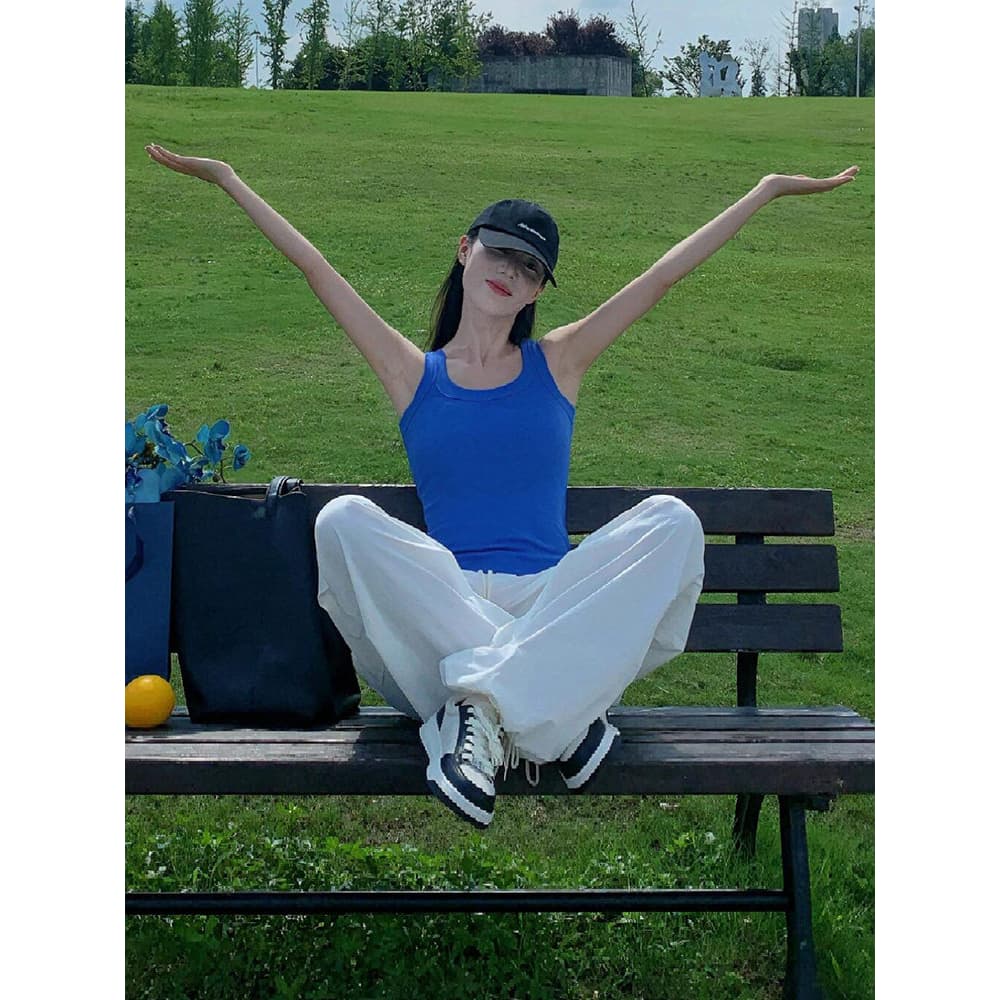 파란색 인사이드 가져 가라. 얼음 실크 대 네클라인 u 칼라 작은 조끼 슬립 여성 여름 외출용 니트 민소매 아름다움 뒤쪽에 의류 얇은 이미지 3