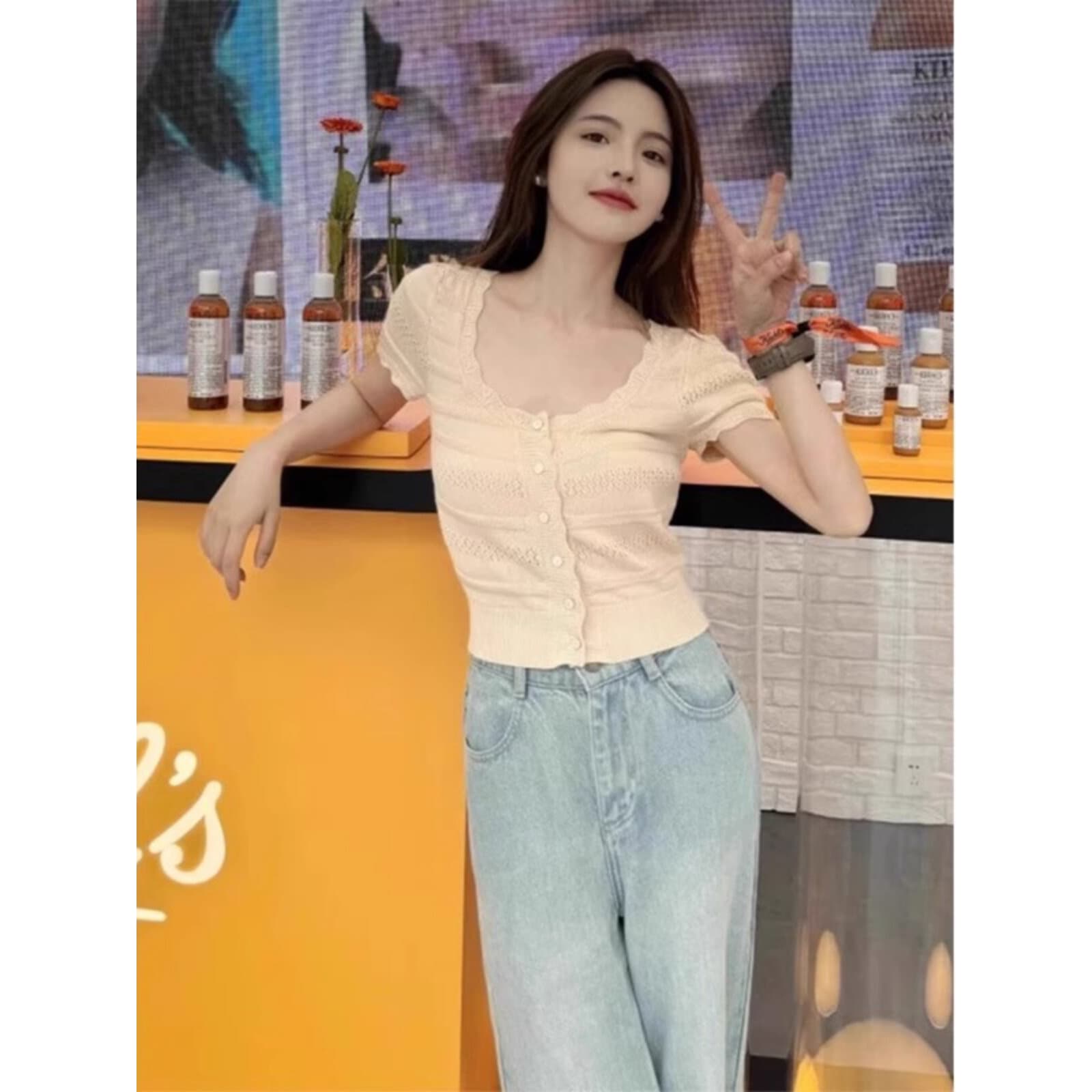 프랑스식 파란색 레이스 긍정적 인 어깨 니트 반팔 티셔츠 여성 여름 작은 키 몸매 가꾸기 쇼트 스타일 오픈 가디건 얼음 실크 맨위 이미지 5