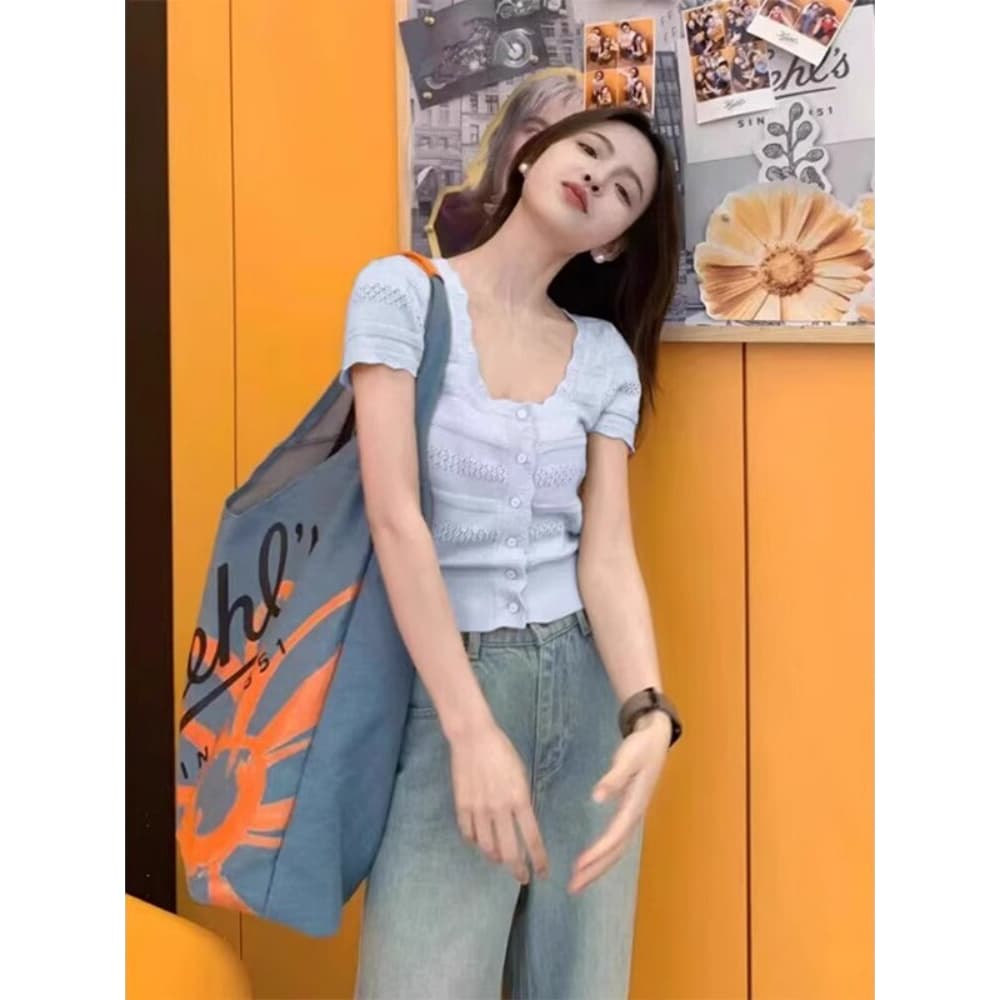 프랑스식 파란색 레이스 긍정적 인 어깨 니트 반팔 티셔츠 여성 여름 작은 키 몸매 가꾸기 쇼트 스타일 오픈 가디건 얼음 실크 맨위 이미지 2