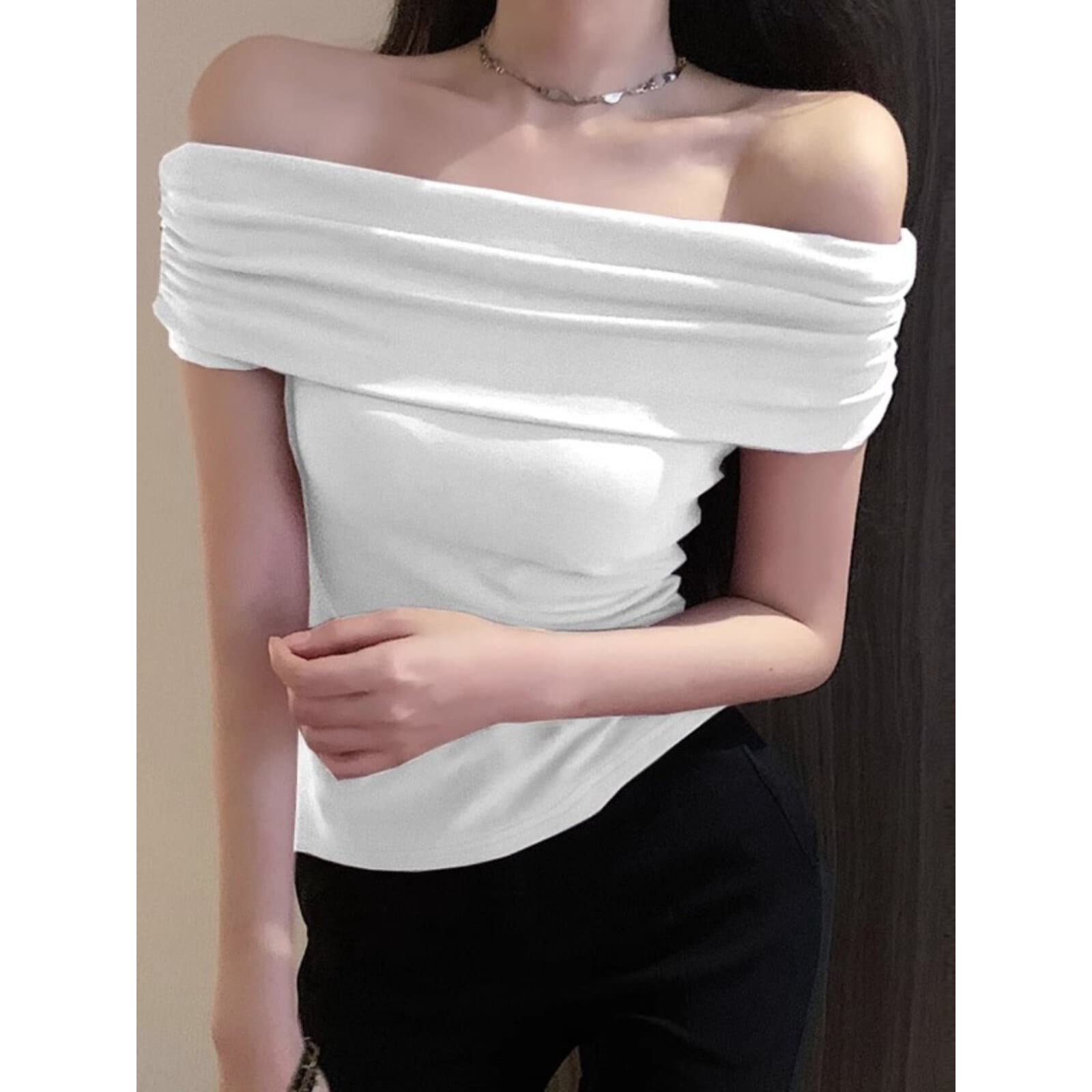 아메리칸 레트로 핫걸 디자인 센스 오프숄더 반팔 티셔츠 여성 오프숄더 아름다운 Chic 섹시함 타이트 기본 셔츠