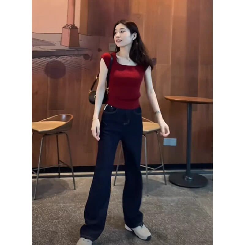 빨간색 광장 칼라 긍정적 인 어깨 얼음 실크 니트 반팔 티셔츠 여성 여름 프랑스식 아름다운 몸매 가꾸기 핫걸 작은 날다 소매 맨위 상세 이미지 3