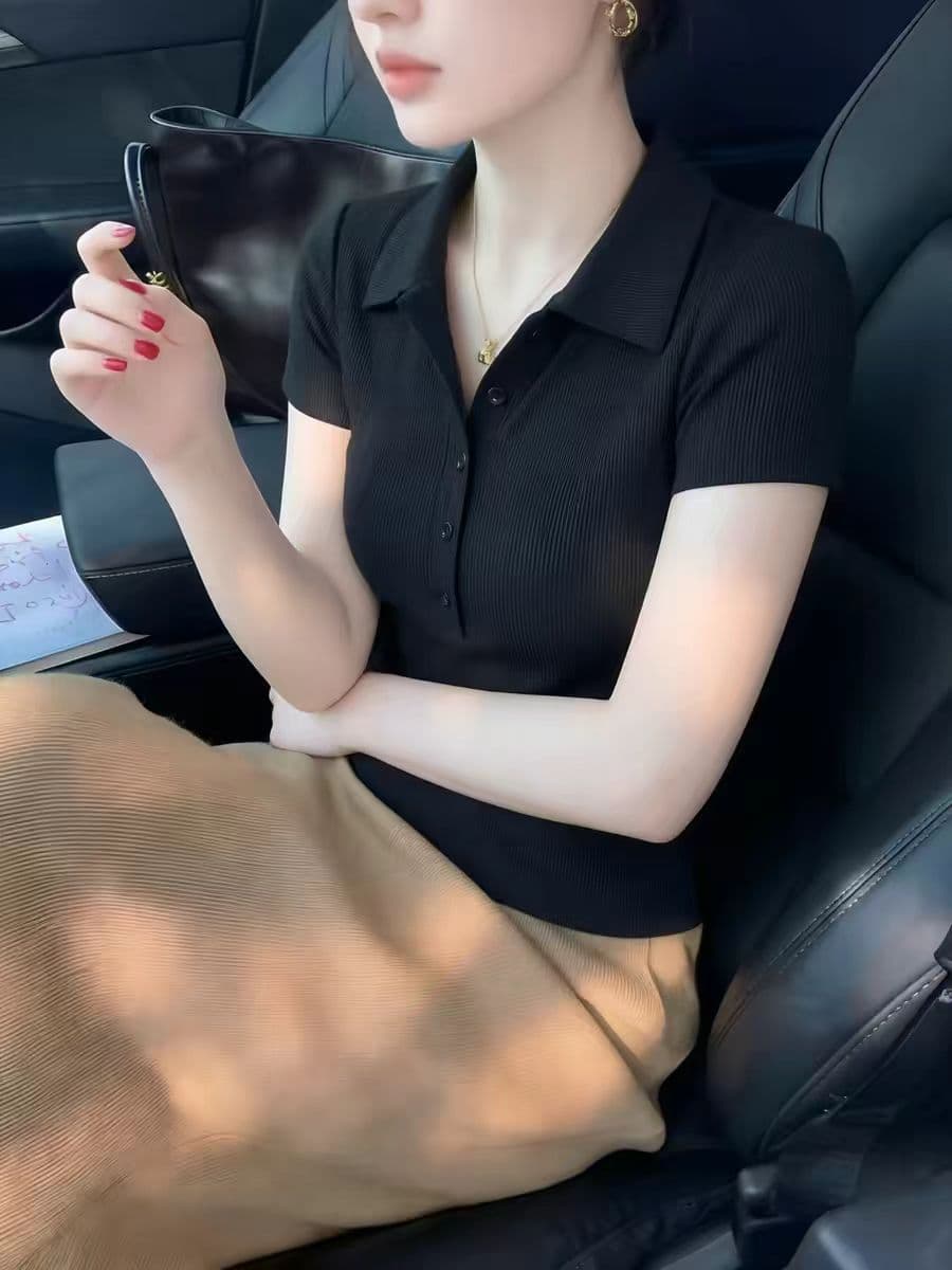 검정색 반팔 POLO 칼라 티셔츠 여성 여름 새로운 아름다운 자이언트 잘 생긴 ~ 중 인사이드 가져 가라. 몸매 가꾸기 품격 긍정적 인 어깨 의류 이미지 3