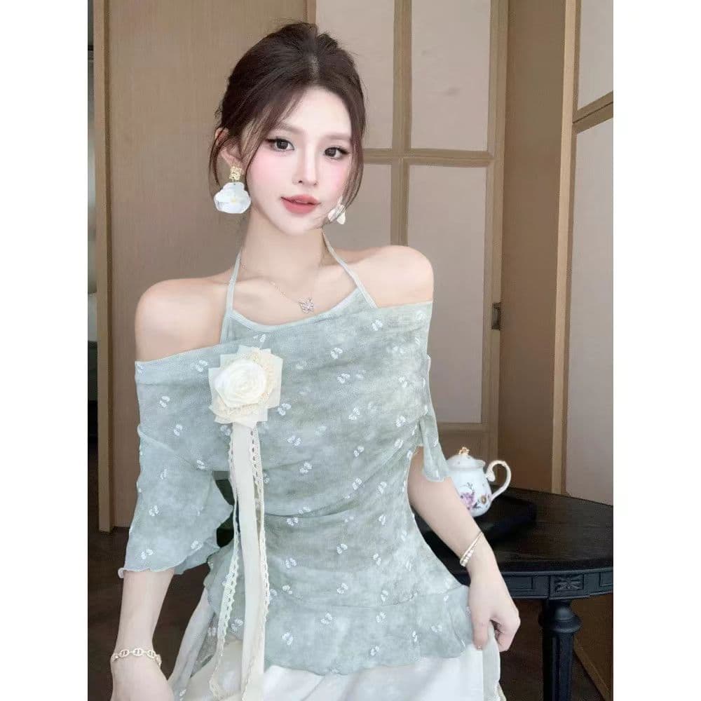 프랑스식 여름 부드러운 바람 색상 시스템 오프숄더 꽃무늬 슈퍼 요정 패션 반소매 캐주얼 달콤함 다용도 오프숄더 맨위 상세 이미지 5
