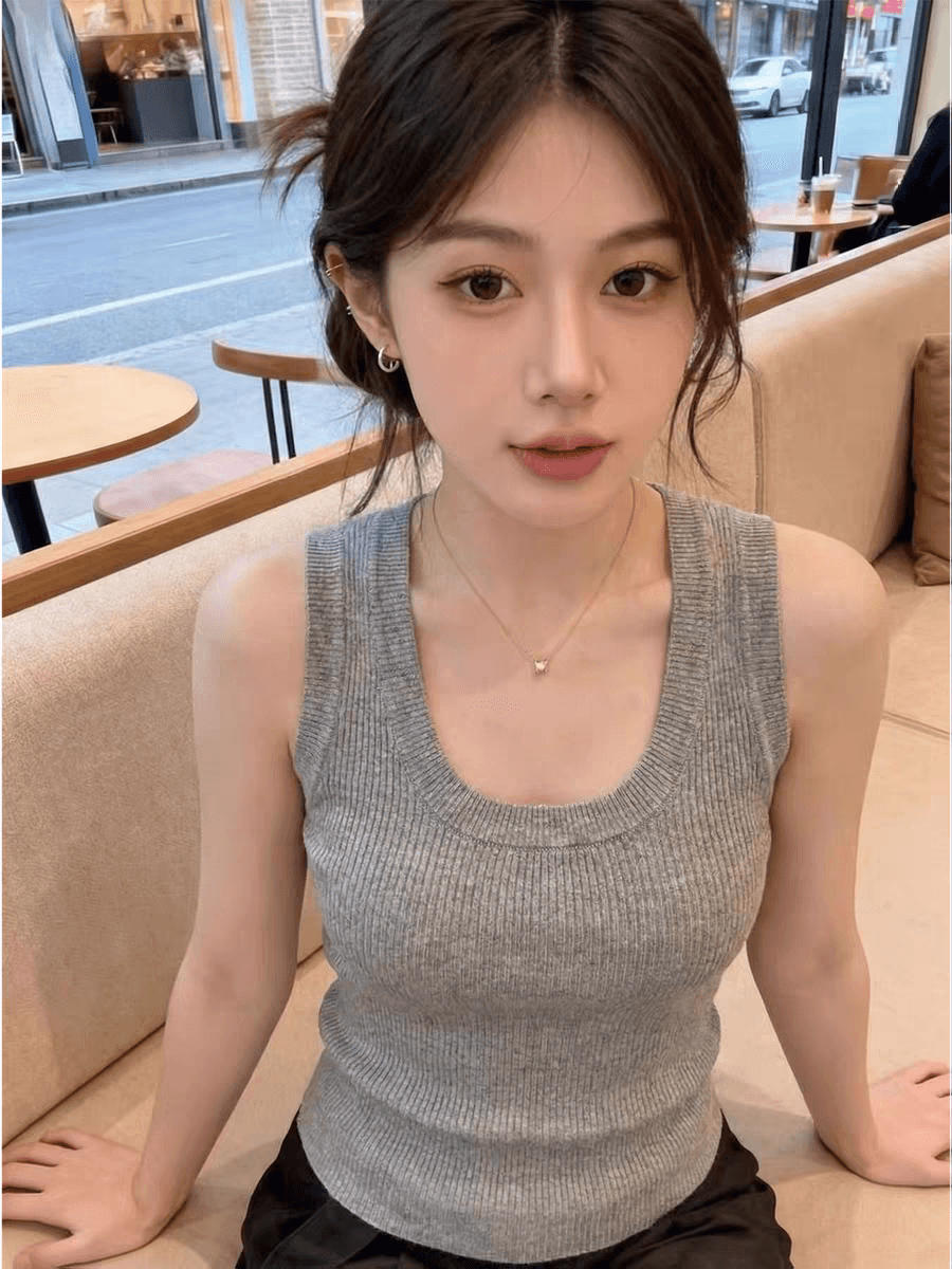 회색 u 칼라 니트 조끼 여성 외출용 2026 여름 얇은 스타일 몸매 가꾸기 슬림해 보이는 표지 대리인 우유 만나는 민소매 맨위 상세 이미지 2