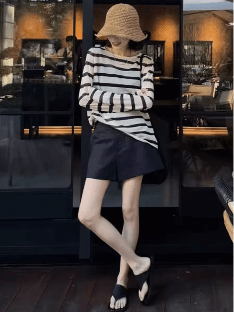 외부 가져 가라. 프랑스식 검정색 스트라이프 긍정적 인 어깨 긴팔 얼음 실크 가면 티셔츠 에어컨 셔츠 여성 여름 루즈핏 맨위 블라우스 상세 이미지 1