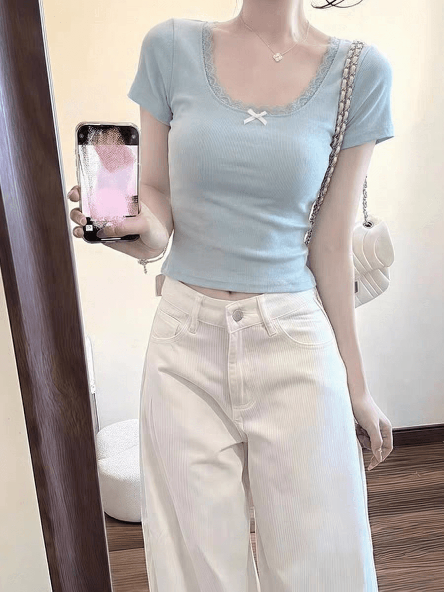파란색 순수한 욕망 레이스 레이스 반팔 u 칼라 티셔츠 여성 여름 2026 슈퍼 화재 연령 감소 한 부서 착용 가져 가라. 몸매 가꾸기 맨위 이미지 4