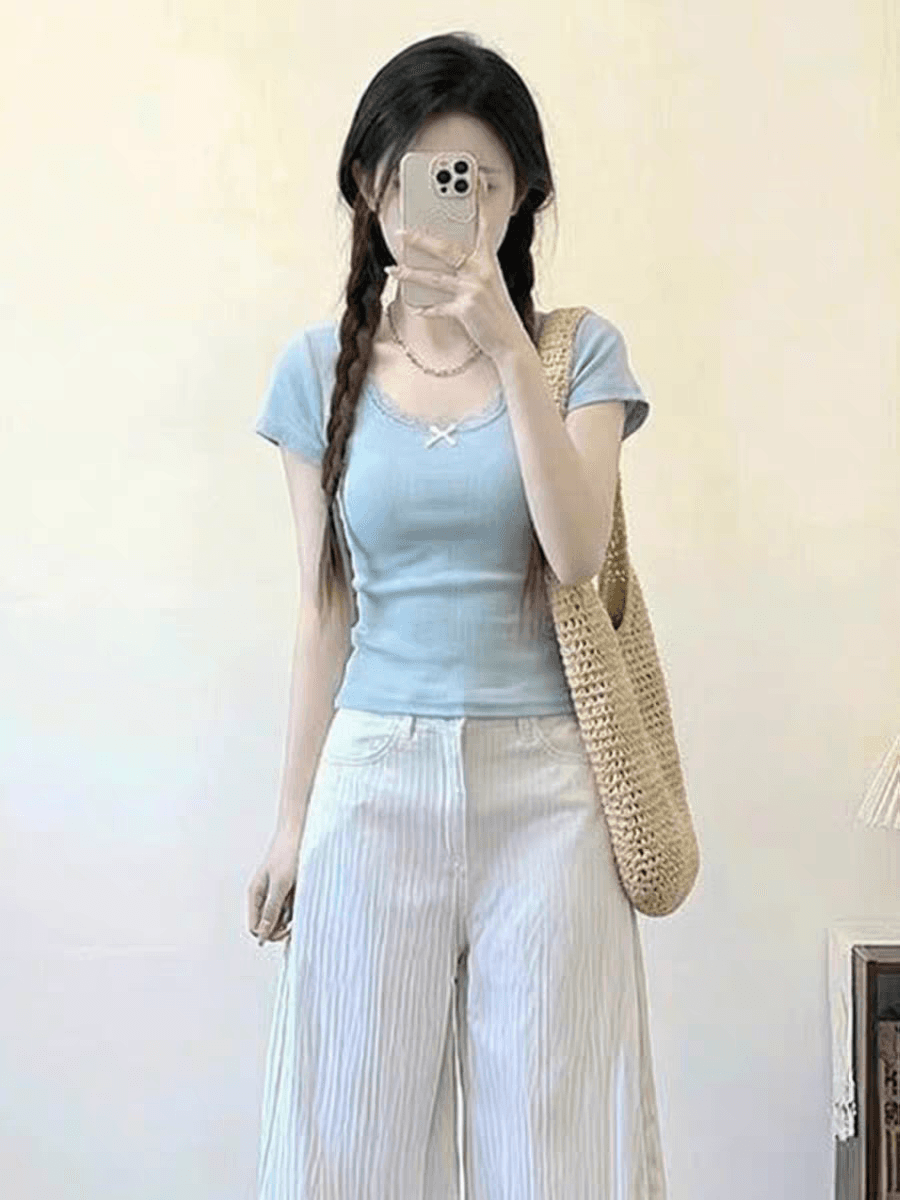 파란색 순수한 욕망 레이스 레이스 반팔 u 칼라 티셔츠 여성 여름 2026 슈퍼 화재 연령 감소 한 부서 착용 가져 가라. 몸매 가꾸기 맨위 이미지 4
