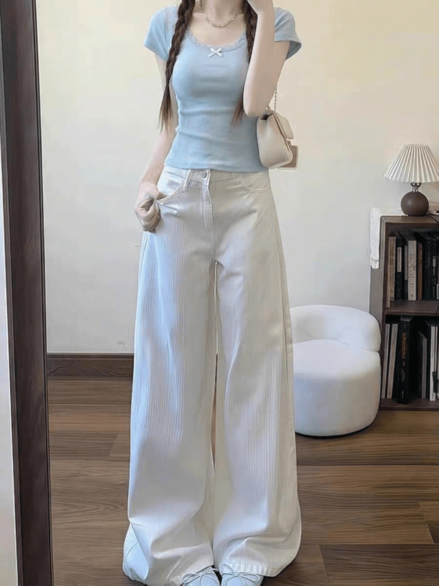 파란색 순수한 욕망 레이스 레이스 반팔 u 칼라 티셔츠 여성 여름 2026 슈퍼 화재 연령 감소 한 부서 착용 가져 가라. 몸매 가꾸기 맨위 상세 이미지 6