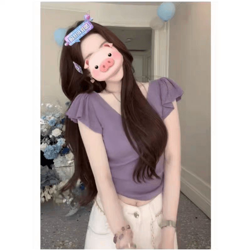 빨간색 V넥 프릴 작은 날다 소매 반팔 티셔츠 여성 2026 새로운 몸매 가꾸기 슬림해 보이는 품격 핫걸 반팔 맨위 상세 이미지 8