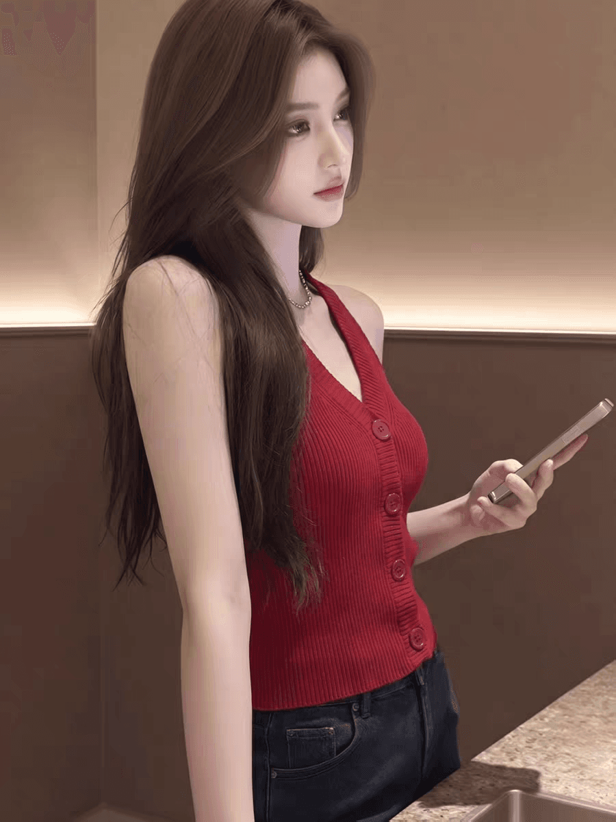한 부서 아름다운 V넥 니트 빨간색 행침 목 작은 슬링 조끼 여성 여름 외출용 쇼트 스타일 민소매 아름다움 뒤쪽에 의류 상세 이미지 3