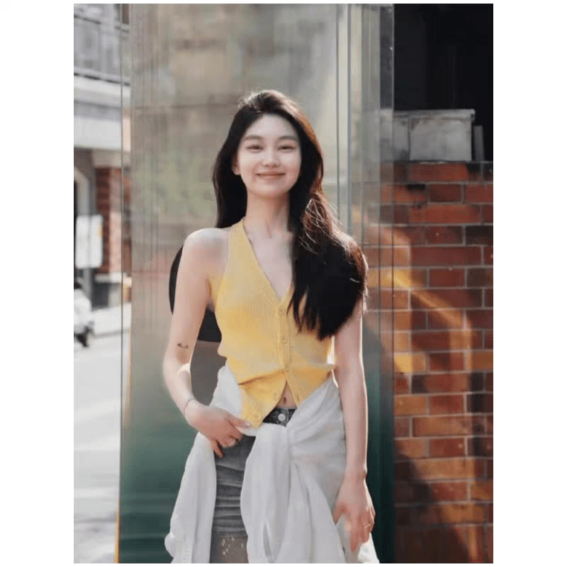 한 부서 아름다운 V넥 니트 빨간색 행침 목 작은 슬링 조끼 여성 여름 외출용 쇼트 스타일 민소매 아름다움 뒤쪽에 의류 상세 이미지 8