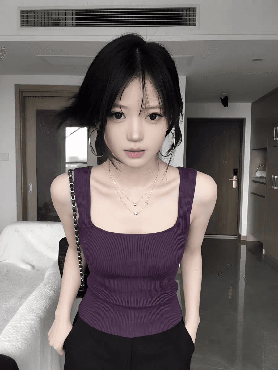 핫걸 보라색 광장 칼라 니트 캐미솔 여름 외출용 2026 새로운 어깨 인사이드 가져 가라. 민소매 작은 맨위 상세 이미지 2
