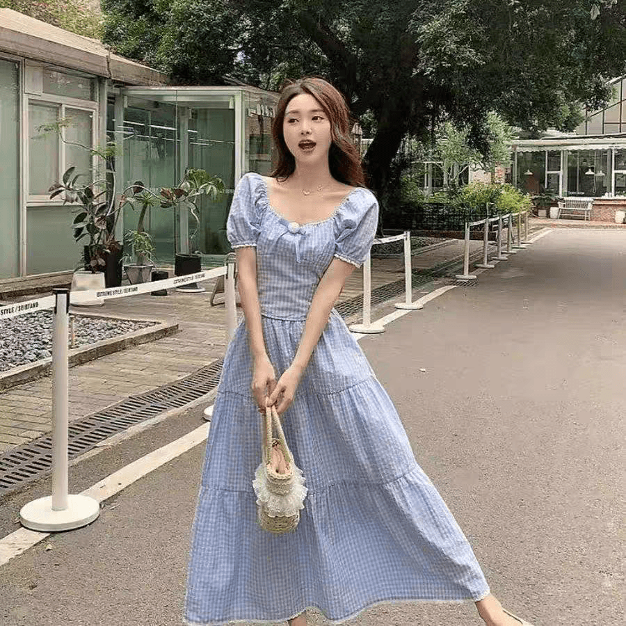 2026 여름 새로운 발레 바람 파란색 체크무늬 장미 거품 소매 쇼트 스타일 맨위 여성 반신 스커트 투피스 세트