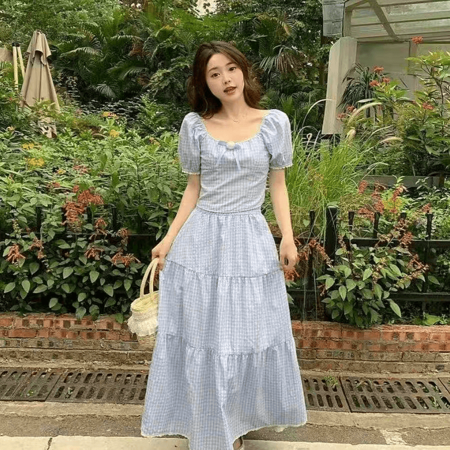 2026 여름 새로운 발레 바람 파란색 체크무늬 장미 거품 소매 쇼트 스타일 맨위 여성 반신 스커트 투피스 세트 상세 이미지 2
