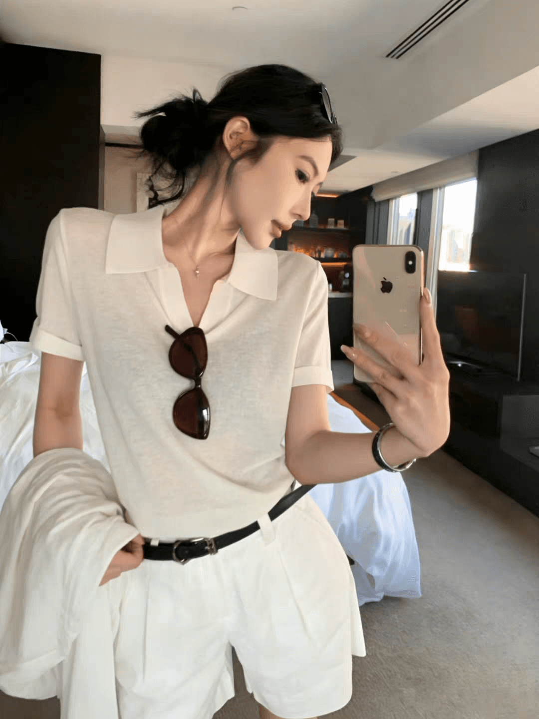 오래된 돈 바람 V넥 반팔 티셔츠 여성 여름 한 부서 착용 가져 가라. 몸매 가꾸기 polo 폴로 칼라 니트 스웨터 캐주얼 긍정적 인 어깨 의류