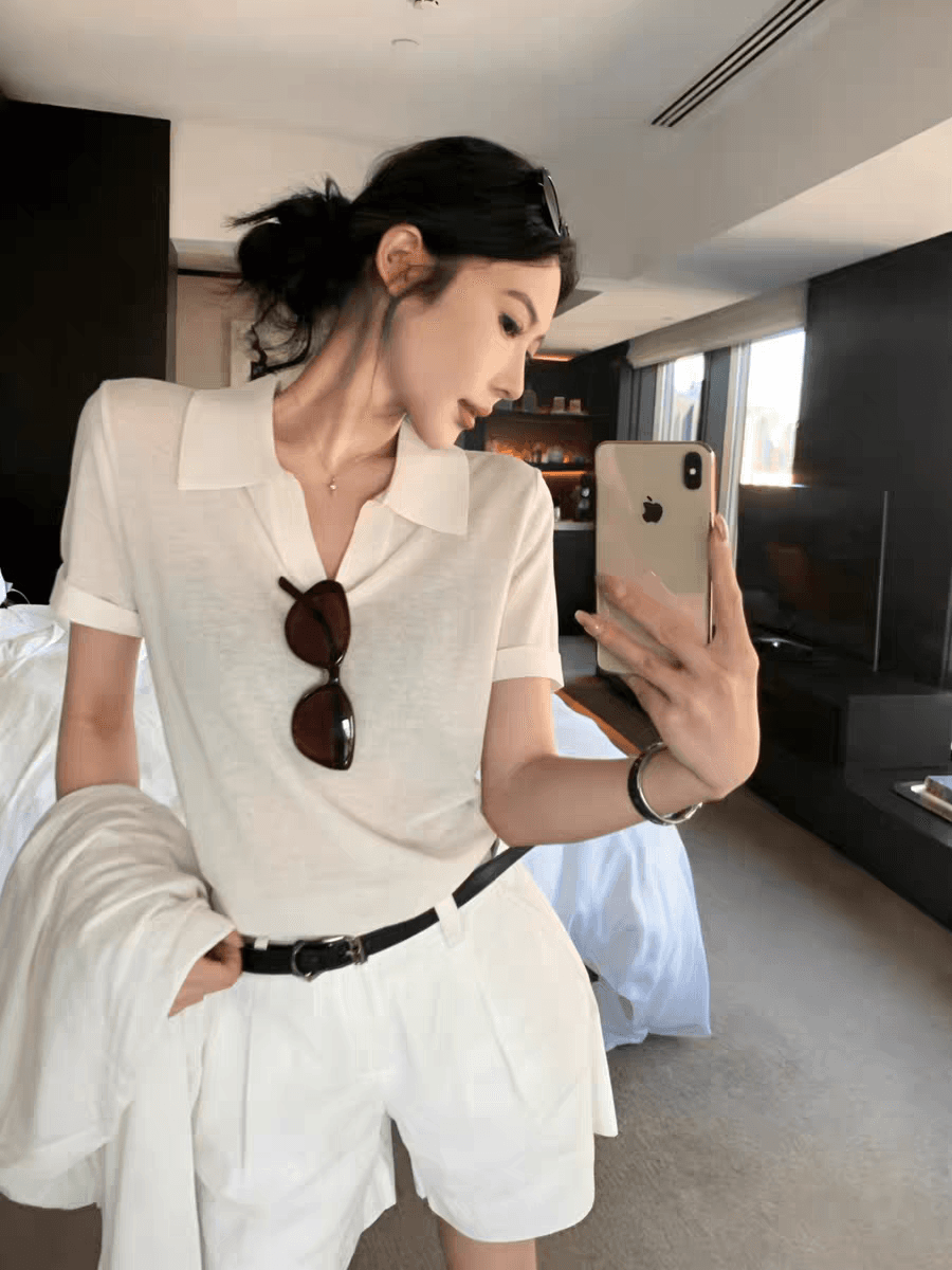 오래된 돈 바람 V넥 반팔 티셔츠 여성 여름 한 부서 착용 가져 가라. 몸매 가꾸기 polo 폴로 칼라 니트 스웨터 캐주얼 긍정적 인 어깨 의류 상세 이미지 3