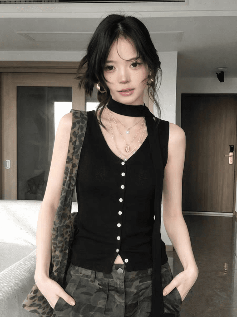 프랑스식 검정색 캐미솔 여름 외출용 2026 새로운 자이언트 잘 생긴 몸매 가꾸기 슬림해 보이는 민소매 디자인 센스 맨위 상세 이미지 2