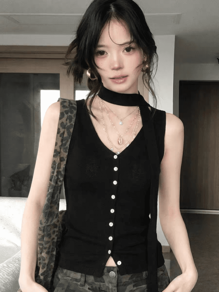 프랑스식 검정색 캐미솔 여름 외출용 2026 새로운 자이언트 잘 생긴 몸매 가꾸기 슬림해 보이는 민소매 디자인 센스 맨위 상세 이미지 5