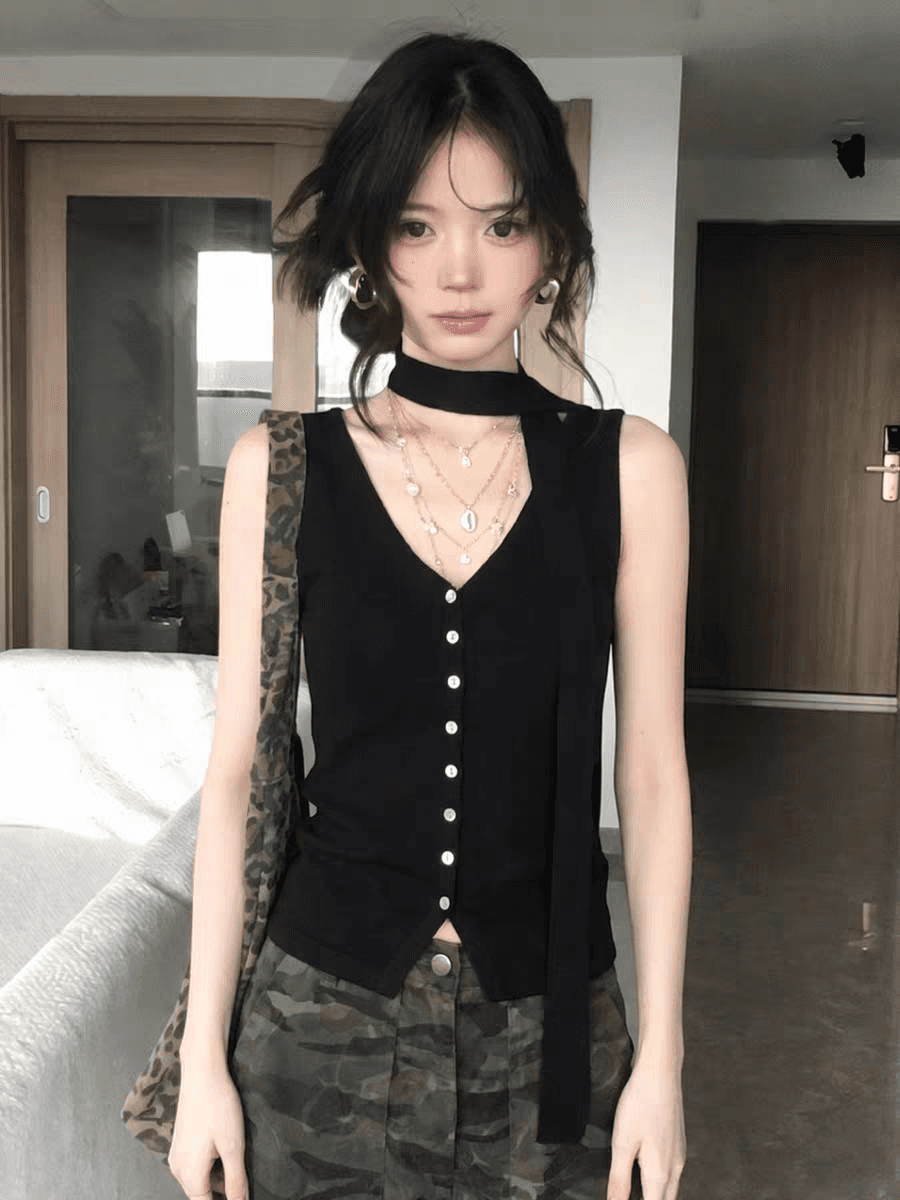 프랑스식 검정색 캐미솔 여름 외출용 2026 새로운 자이언트 잘 생긴 몸매 가꾸기 슬림해 보이는 민소매 디자인 센스 맨위 상세 이미지 6