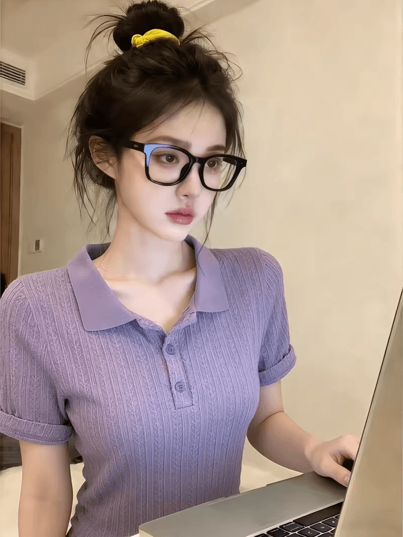 자이언트 잘 생긴 보라색 품격 POLO 칼라 반팔 티셔츠 여성 2026 여름 새로운 몸매 가꾸기 고급 센스 아름다운 맨위 상세 이미지 3