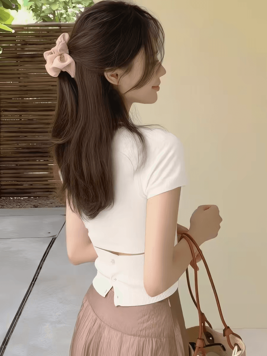 프랑스식 품격 핑크색 홀로우 아웃 백리스 니트 반팔 티셔츠 여성 여름 Chic 아름다운 고급 센스 쇼트 스타일 맨위 상세 이미지 6