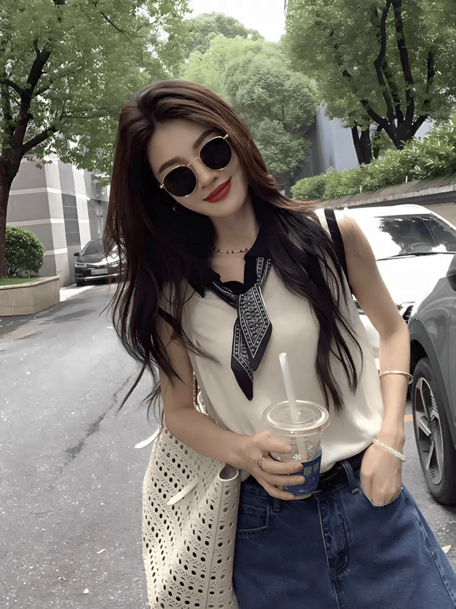 대나무 마디 마 화이트 POLO 칼라 긍정적 인 어깨 얼음 실크 반팔 티셔츠 여성 여름 디자인 센스 작은 날다 소매 쇼트 스타일 맨위 얇은 이미지 3
