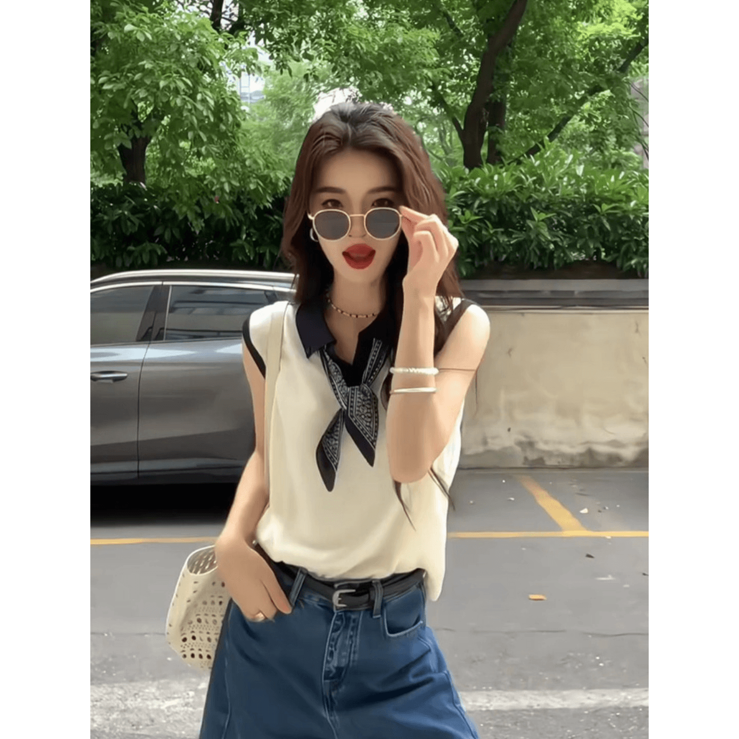 대나무 마디 마 화이트 POLO 칼라 긍정적 인 어깨 얼음 실크 반팔 티셔츠 여성 여름 디자인 센스 작은 날다 소매 쇼트 스타일 맨위 얇은 상세 이미지 1