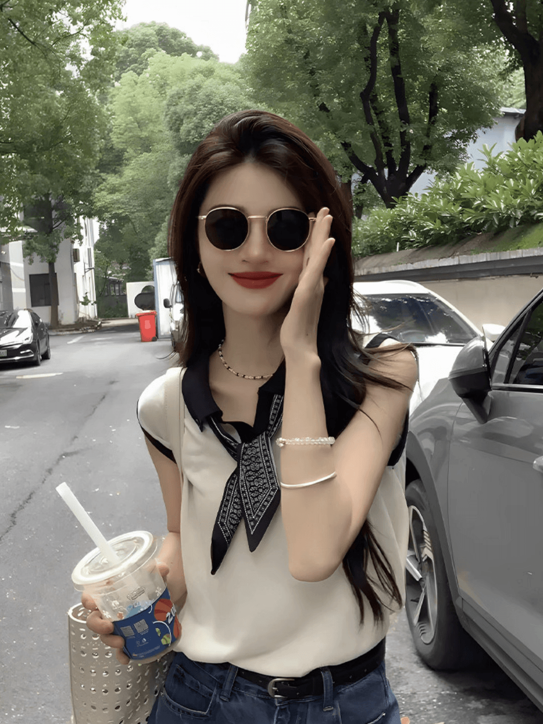 대나무 마디 마 화이트 POLO 칼라 긍정적 인 어깨 얼음 실크 반팔 티셔츠 여성 여름 디자인 센스 작은 날다 소매 쇼트 스타일 맨위 얇은 상세 이미지 6
