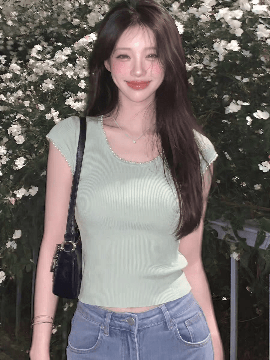 녹색 비즈 박기 니트 긍정적 인 어깨 반팔 티셔츠 여성 여름 디자인 센스 품격 고유 한 아름다운 그레이트 봐. 의류 이미지 5