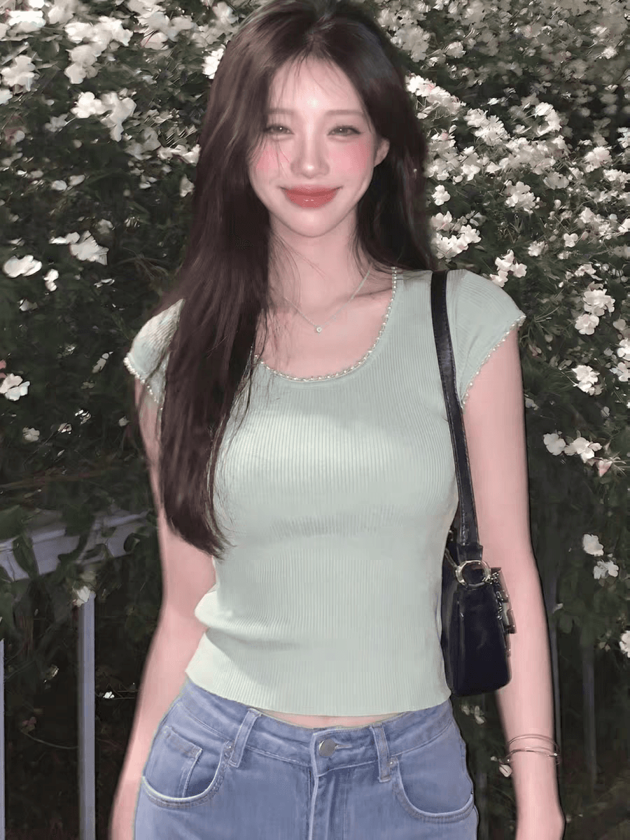 녹색 비즈 박기 니트 긍정적 인 어깨 반팔 티셔츠 여성 여름 디자인 센스 품격 고유 한 아름다운 그레이트 봐. 의류 상세 이미지 5