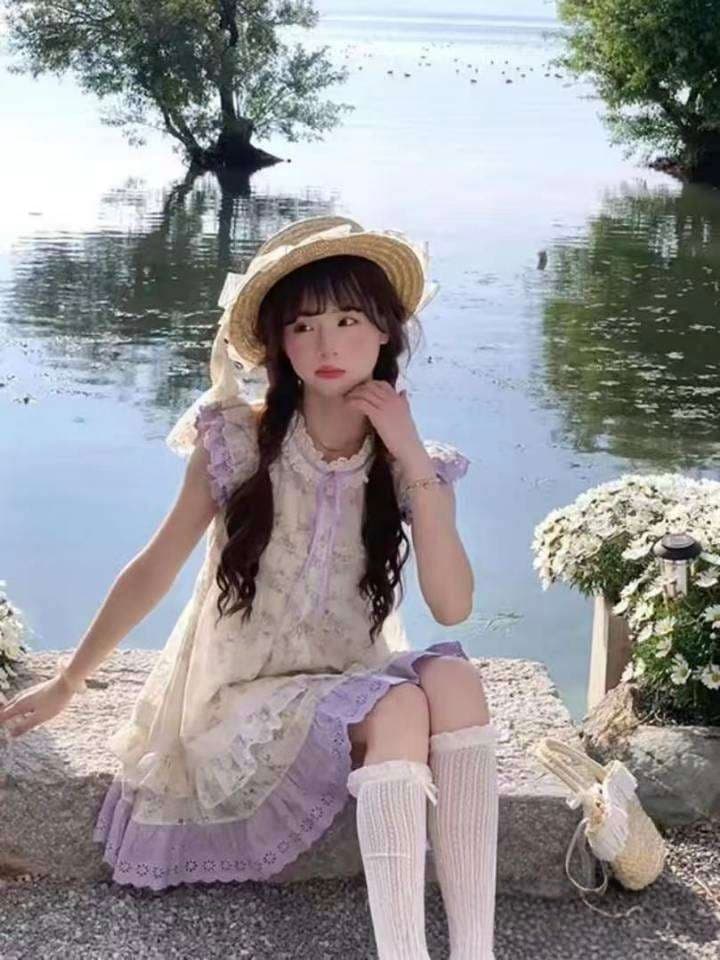 sinsingirl 등나무 꽃 편지 여름 연한 자주색 꽃무늬 작은 날다 소매 루즈핏 인형 센스 드레스 치마