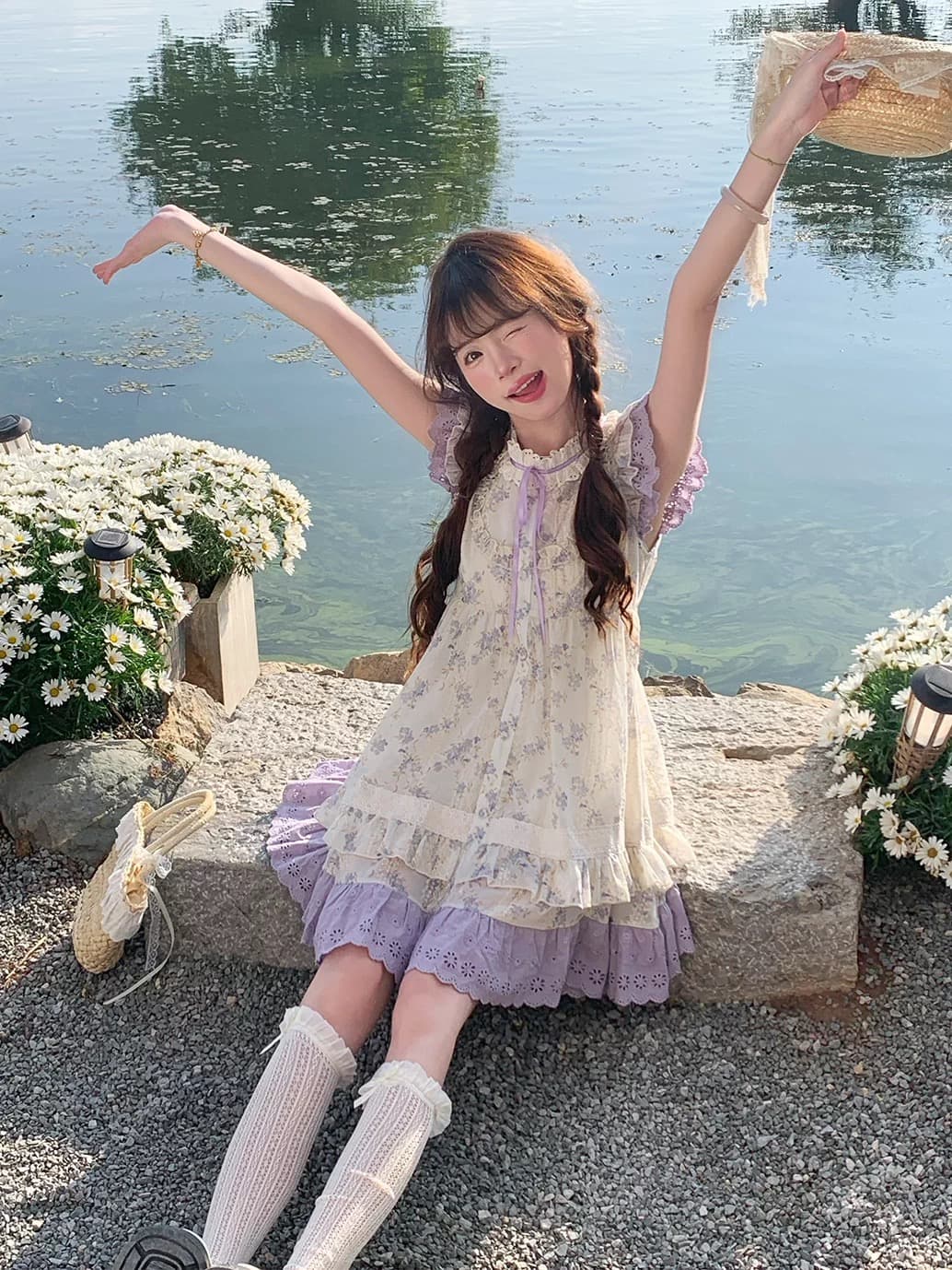 sinsingirl 등나무 꽃 편지 여름 연한 자주색 꽃무늬 작은 날다 소매 루즈핏 인형 센스 드레스 치마 이미지 2