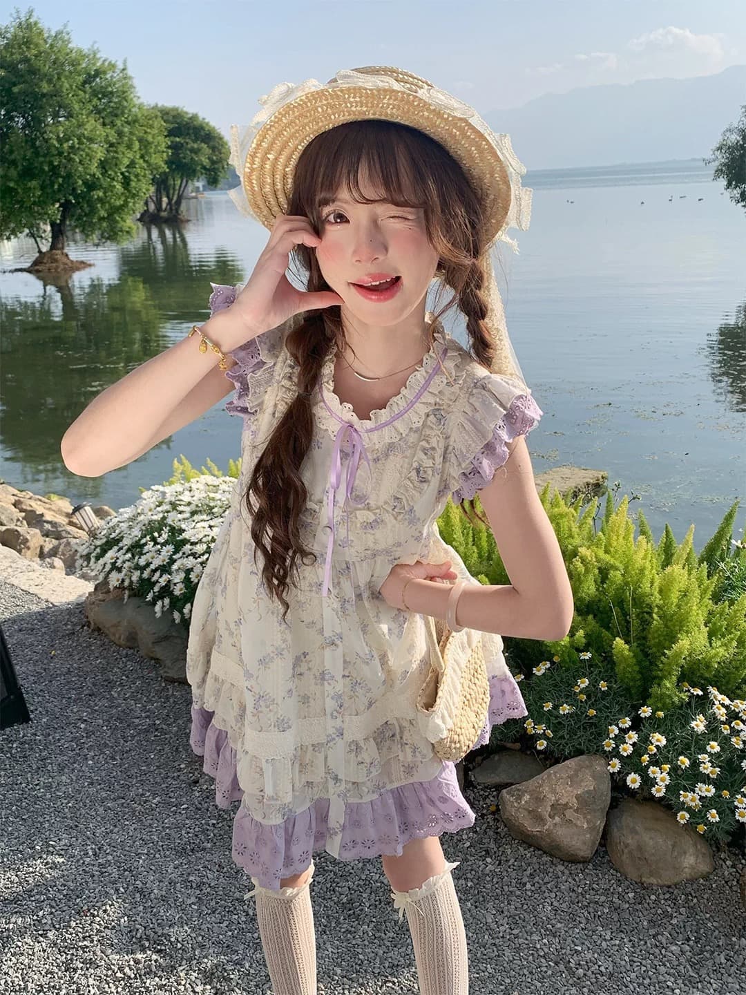 sinsingirl 등나무 꽃 편지 여름 연한 자주색 꽃무늬 작은 날다 소매 루즈핏 인형 센스 드레스 치마 상세 이미지 4