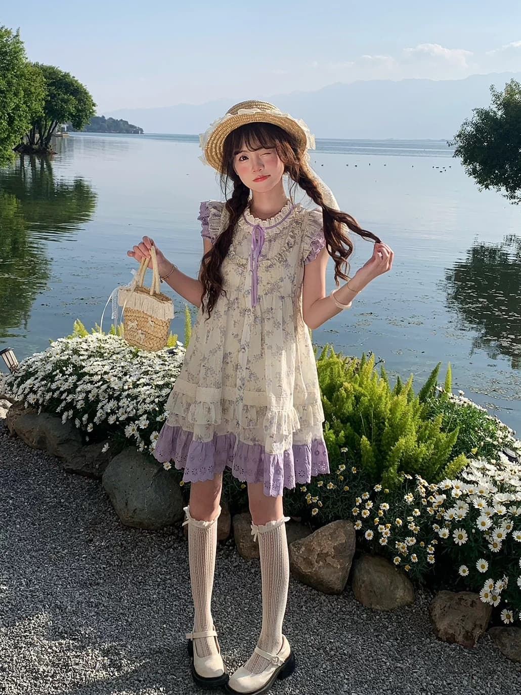 sinsingirl 등나무 꽃 편지 여름 연한 자주색 꽃무늬 작은 날다 소매 루즈핏 인형 센스 드레스 치마 상세 이미지 5