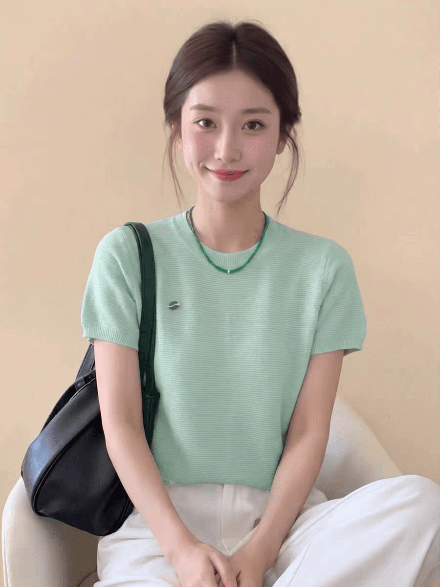 도파민 착용 가져 가라. 박하 남자 웨이브 녹색 니트 긍정적 인 어깨 반팔 티셔츠 여성 여름 한 부서 고유 한 아름다운 작은 맨위