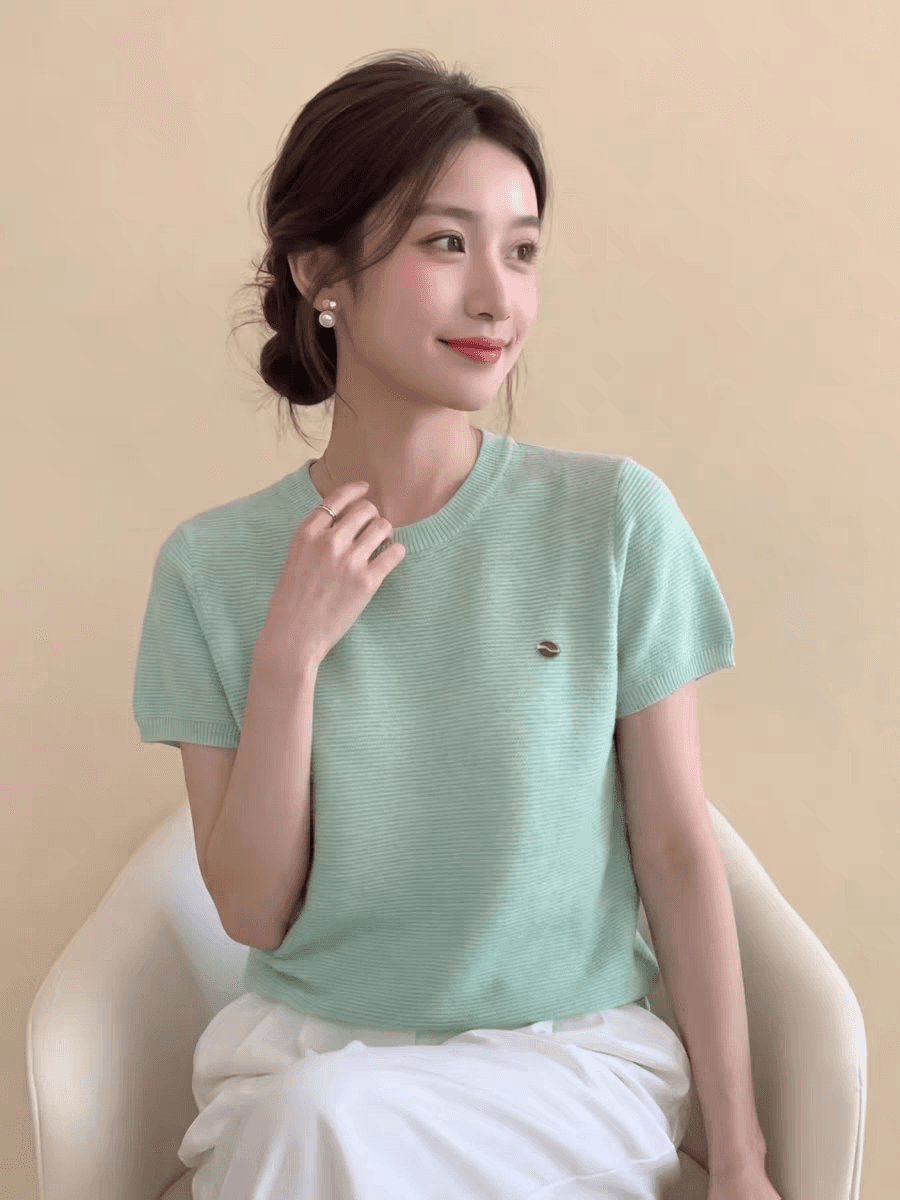 도파민 착용 가져 가라. 박하 남자 웨이브 녹색 니트 긍정적 인 어깨 반팔 티셔츠 여성 여름 한 부서 고유 한 아름다운 작은 맨위 이미지 4