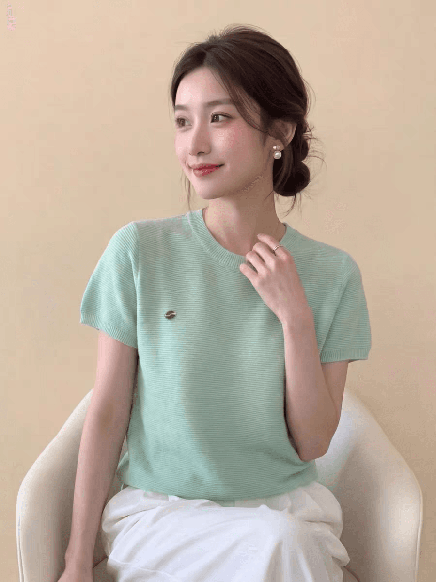 도파민 착용 가져 가라. 박하 남자 웨이브 녹색 니트 긍정적 인 어깨 반팔 티셔츠 여성 여름 한 부서 고유 한 아름다운 작은 맨위 상세 이미지 2