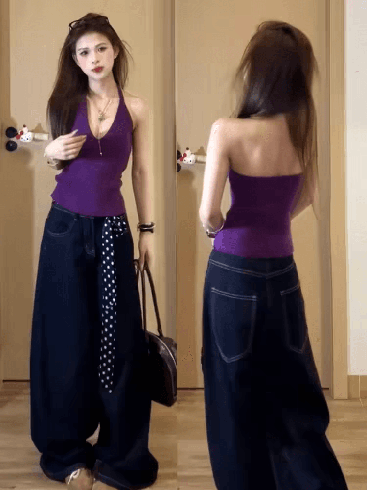 보라색 행침 목 조끼 여성 여름 외출용 2026 새로운 만나는 인사이드 가져 가라. 쇼트 스타일 니트 슬립 아름다움 뒤로 민소매 맨위 이미지 2