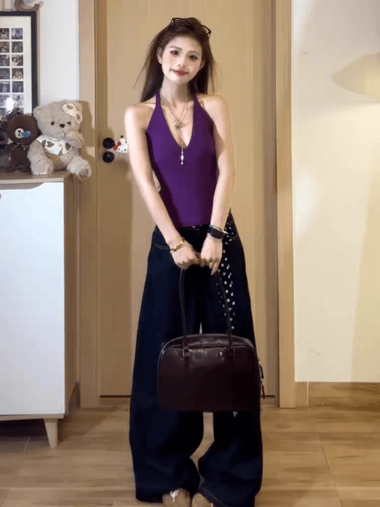 보라색 행침 목 조끼 여성 여름 외출용 2026 새로운 만나는 인사이드 가져 가라. 쇼트 스타일 니트 슬립 아름다움 뒤로 민소매 맨위 이미지 4