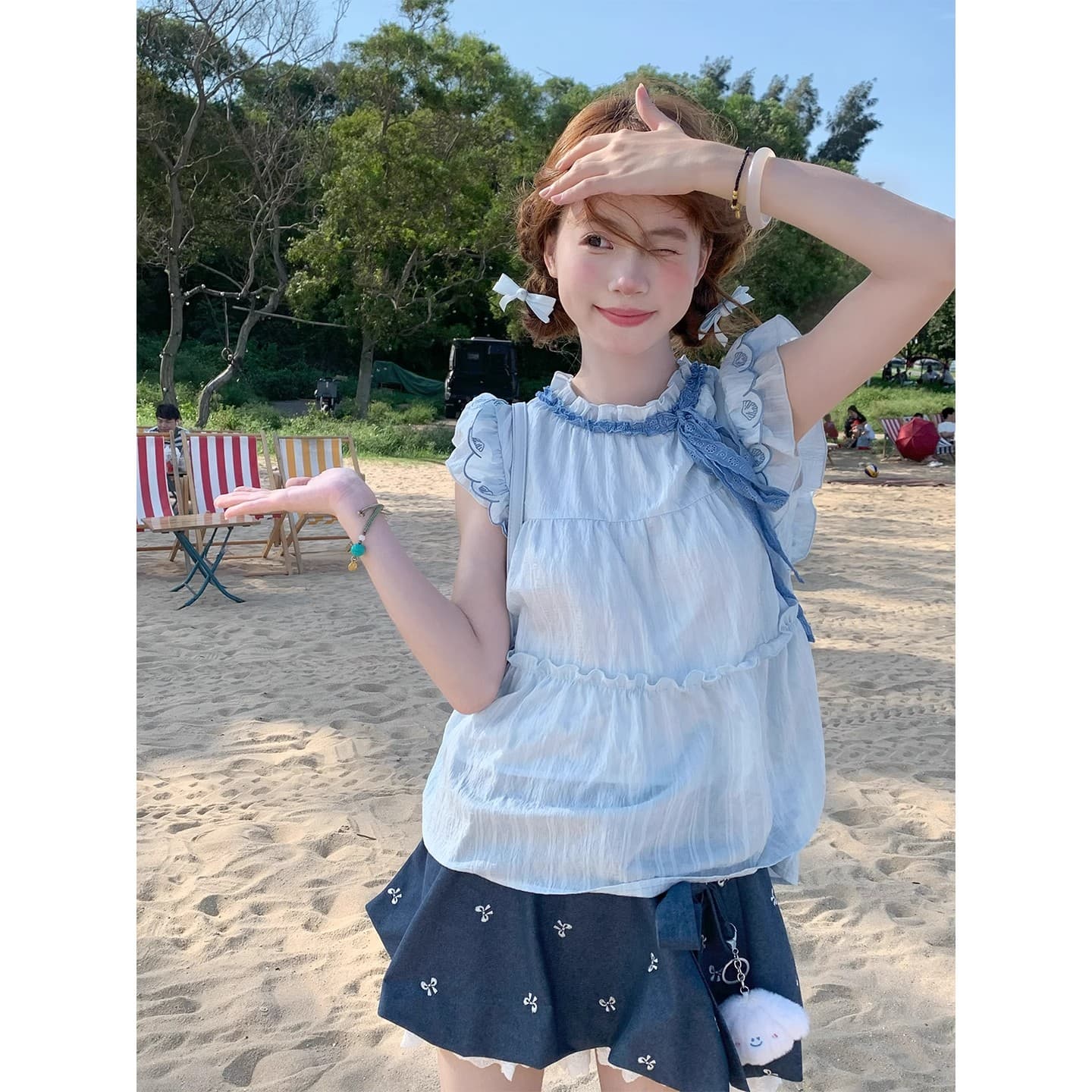 sinsingirl 블루 만 수면 수면 자이언트 잘 생긴 ~ 중 여름 드레스 전체 집합 자수 조개 파란색 세트 투피스 세트 이미지 2