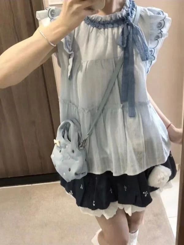 sinsingirl 블루 만 수면 수면 자이언트 잘 생긴 ~ 중 여름 드레스 전체 집합 자수 조개 파란색 세트 투피스 세트 상세 이미지 4