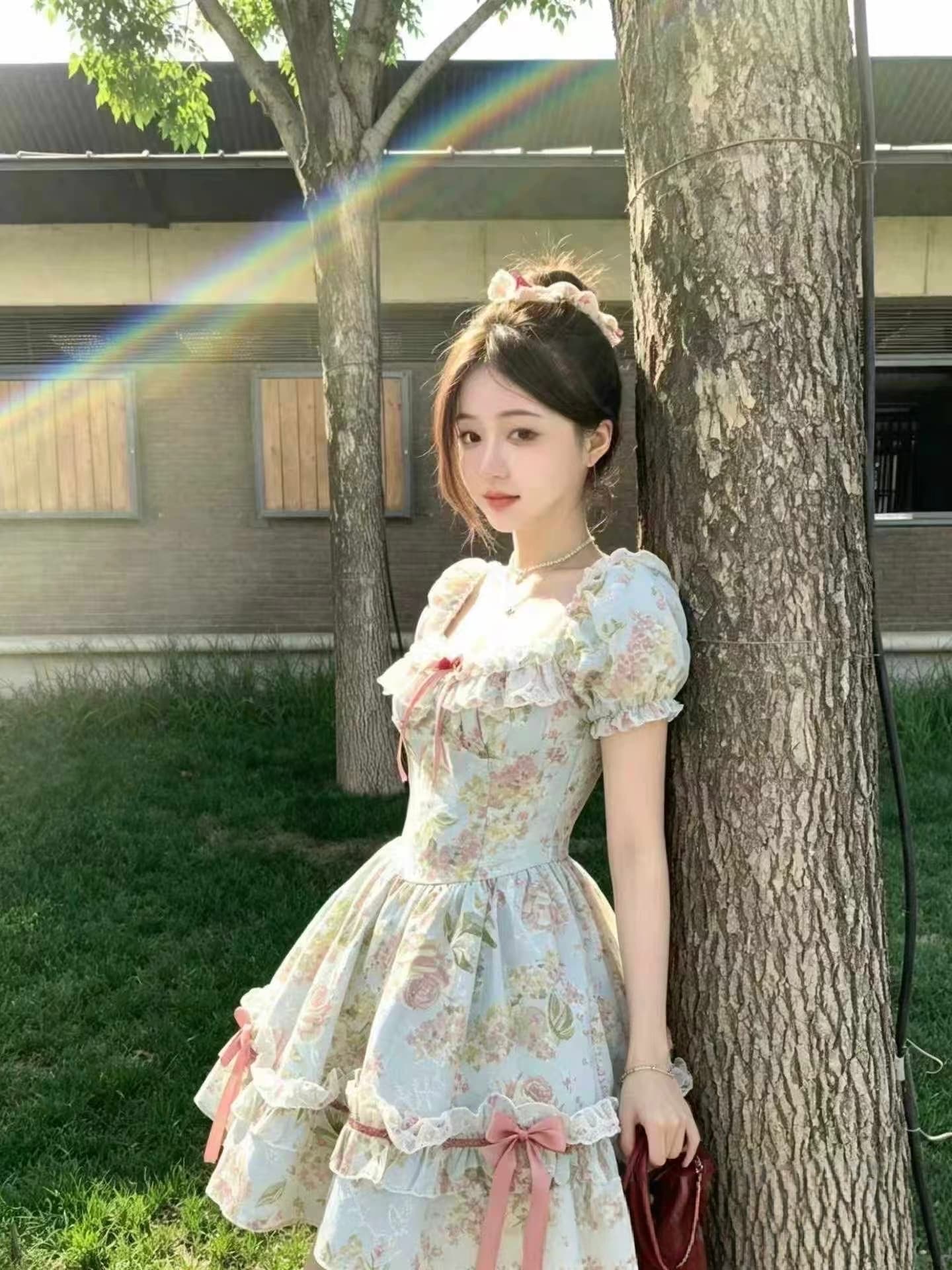 2025 부드러운 바람 꽃무늬 드레스 여성 의류 여름 프랑스식 달콤함 작은 키 케이크 드레스 지방 mm 슬림해 보이는 치마 이미지 3