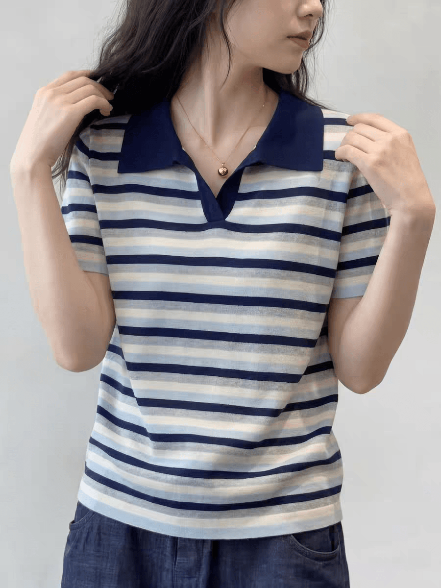 2026 여름 해군 스타일 스트라이프 V넥 반팔 티셔츠 여자 루즈핏 슬림해 보이는 폴로 칼라 니트 맨위 빅 사이즈 마이크로 지방 이미지 4