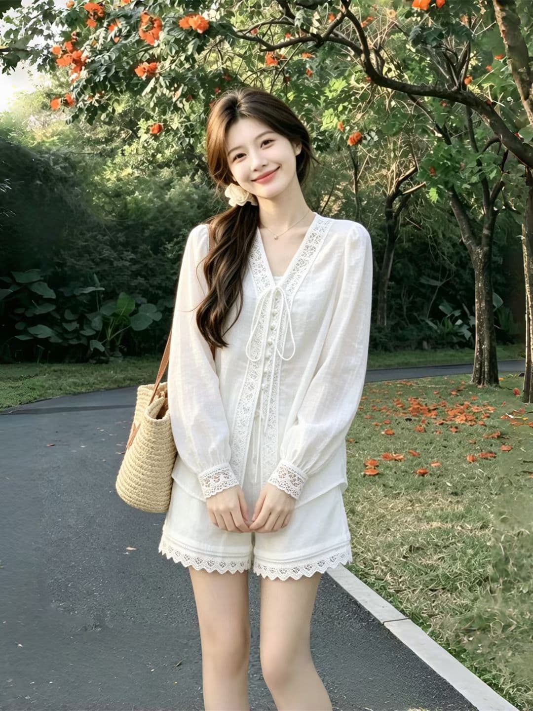 bubble 한 세대 부드러운 분위기 센스 레이스 레이스 패치워크 루즈핏 셔츠 캐주얼 반바지 주간 실크 라미 세트 이미지 2