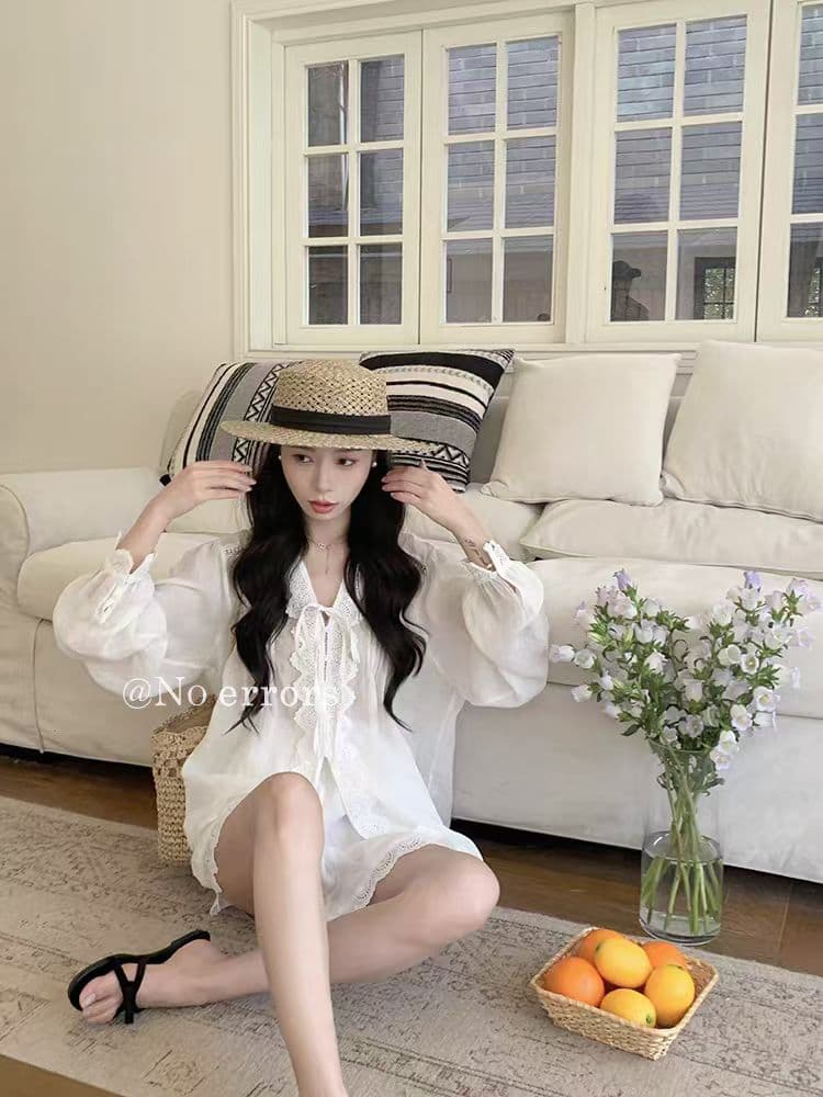 bubble 한 세대 부드러운 분위기 센스 레이스 레이스 패치워크 루즈핏 셔츠 캐주얼 반바지 주간 실크 라미 세트 이미지 4
