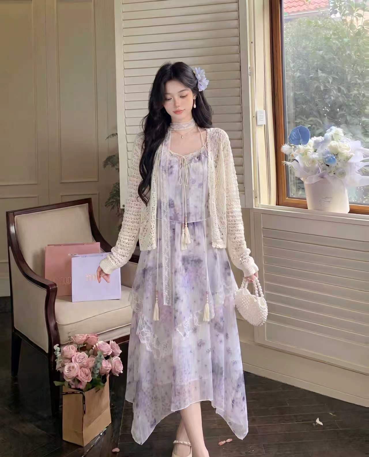 휴가 바람 슬립 반 스커트 희귀종 센스 꽃무늬 계단식 요정 가스 레이스 세 조각 세트 이미지 3