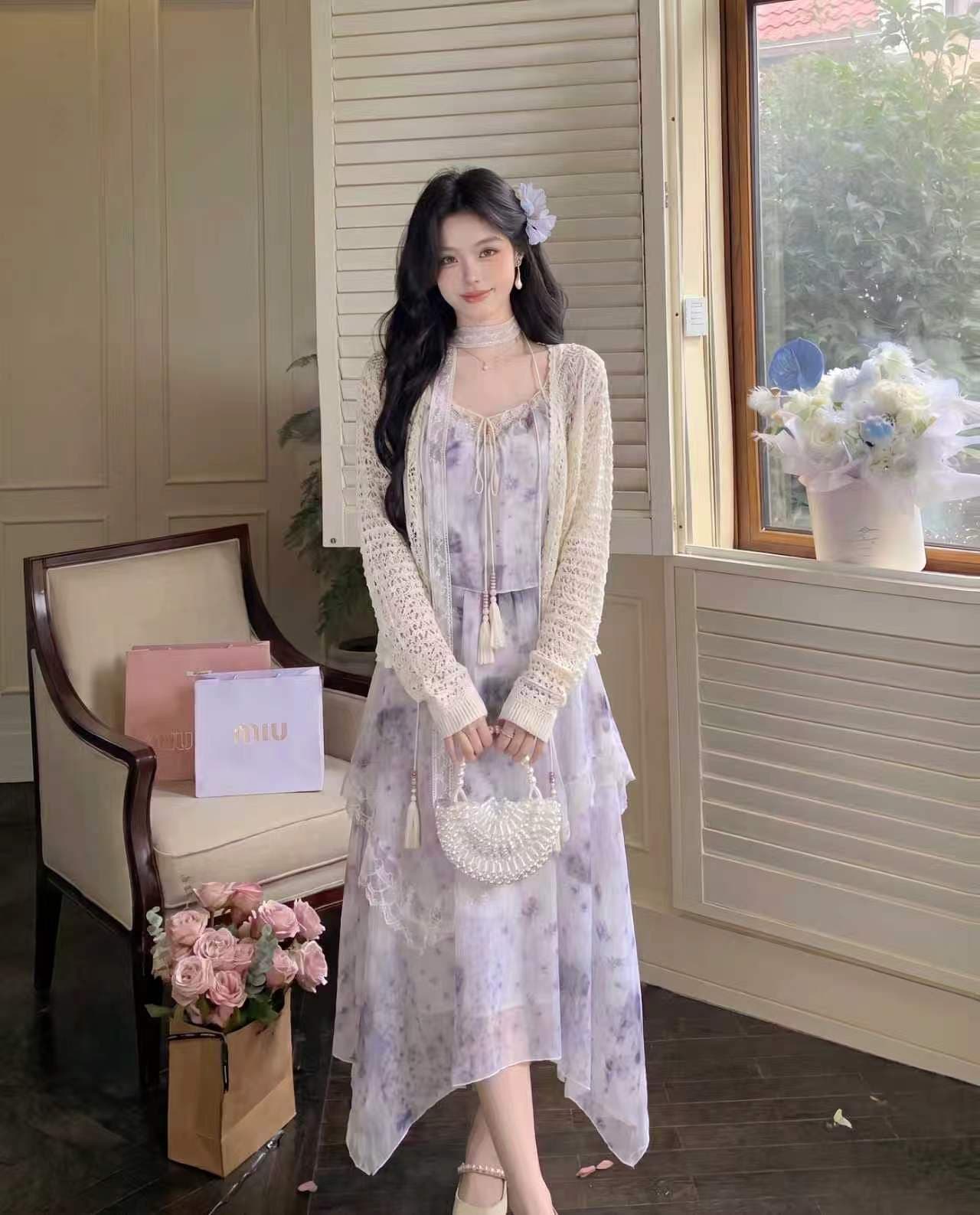 휴가 바람 슬립 반 스커트 희귀종 센스 꽃무늬 계단식 요정 가스 레이스 세 조각 세트 상세 이미지 4
