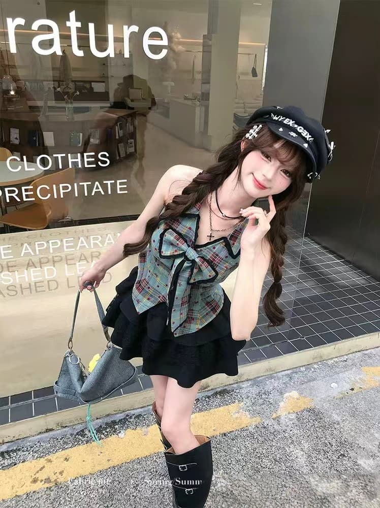 녹색 잉크 달콤한 라스베리 아메리칸 레트로 달콤한 차가운 바람 체크무늬 민소매 맨위 여성 여름 나비 매듭 디자인 셔츠 미니 스커트 세트 이미지 4